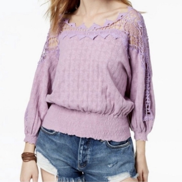 Free People Lavender Love Lace Crochet Peasant Sweater Top Shirred Waist- Size M - Picture 1 of 14